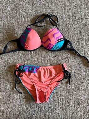 Fox Racing Coral & Teal Bikini Set with Purple Accents